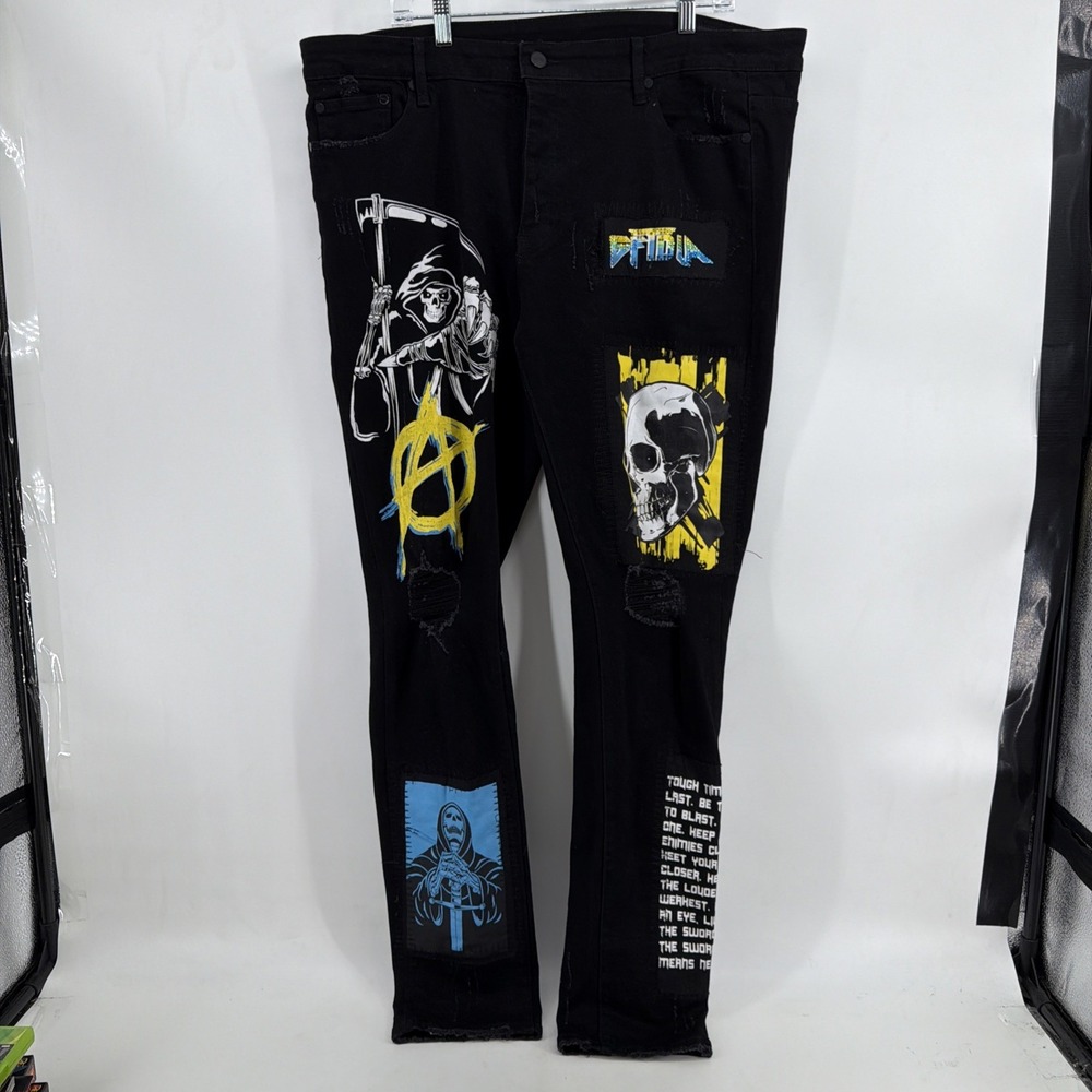 GFTD Men's Black Graphic Distressed Jeans 42x34 Skull Punk Grunge